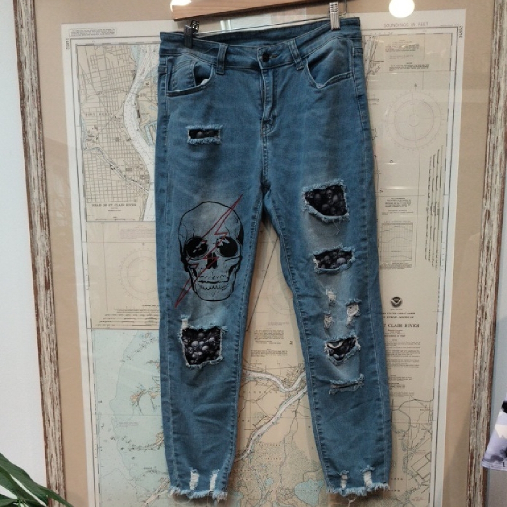 Distressed Blue Jeans with Skull Design